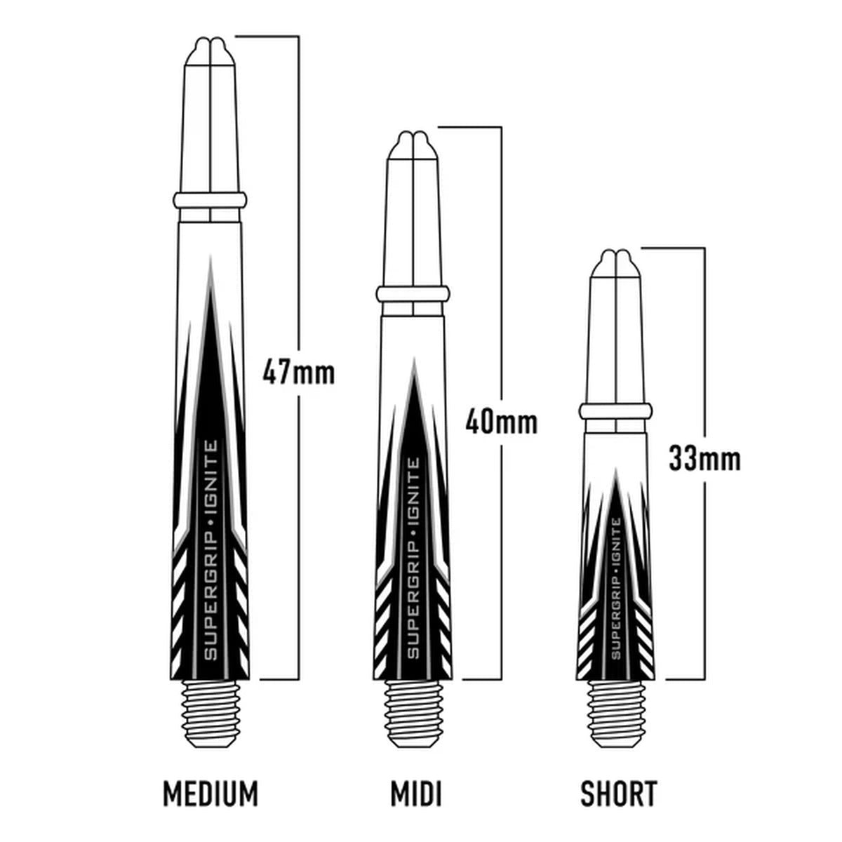 Illustration of Supergrip Ignite darts shafts with measurements for medium, midi, and short sizes. Labelled MEDIUM, MIDI, and SHORT with measured lengths 47mm, 40mm, and 33mm.
