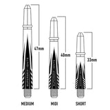 Illustration of Supergrip Ignite darts shafts with measurements for medium, midi, and short sizes. Labelled MEDIUM, MIDI, and SHORT with measured lengths 47mm, 40mm, and 33mm.