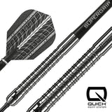 Close up image of the Harrows Supergrip Quick Point 90% Tungsten Steel Tip Darts barrels highlighting the grip, machining and Quick Point system