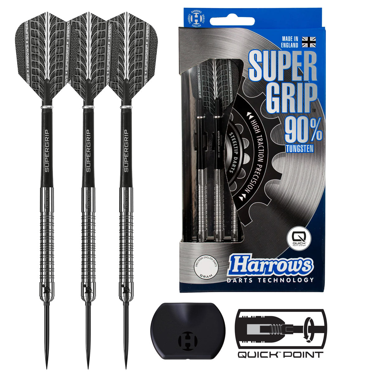 Image of the Harrows Supergrip Quick Point 90% Tungsten Steel Tip Darts displayed for retail sale with product packaging