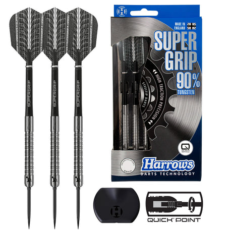 Image of the Harrows Supergrip Quick Point 90% Tungsten Steel Tip Darts displayed for retail sale with product packaging