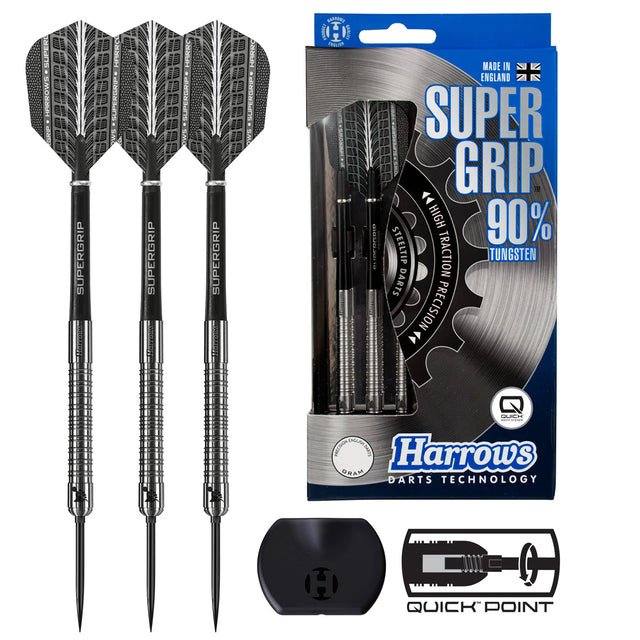 Image of the Harrows Supergrip Quick Point 90% Tungsten Steel Tip Darts displayed for retail sale with product packaging