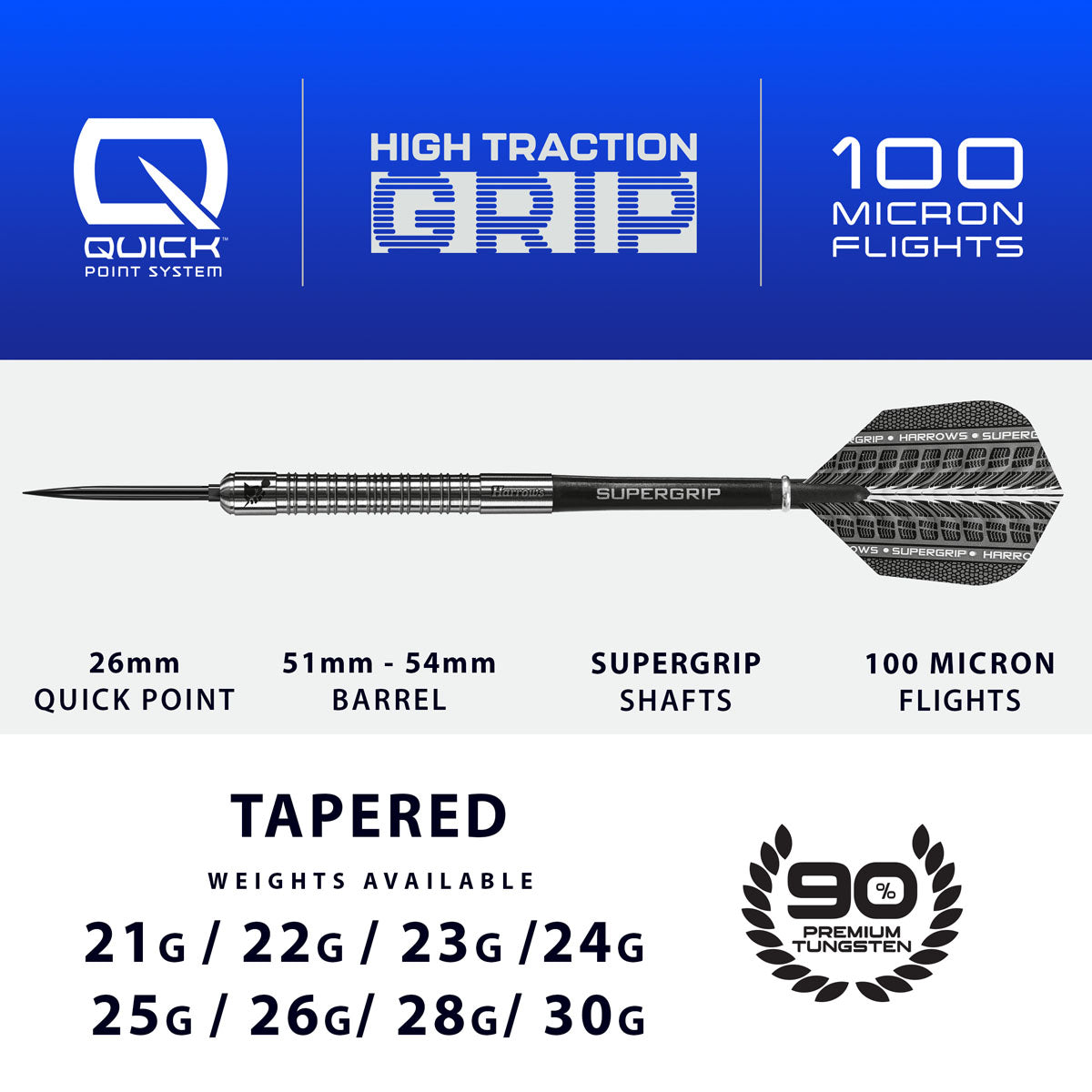 Harrows Supergrip Quick Point 90% Tungsten Steel Tip Darts specifications and product dimensions