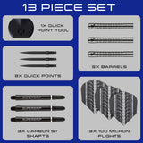 Image showing the contents included with the Harrows Supergrip Quick Point 90% Tungsten Steel Tip Darts
