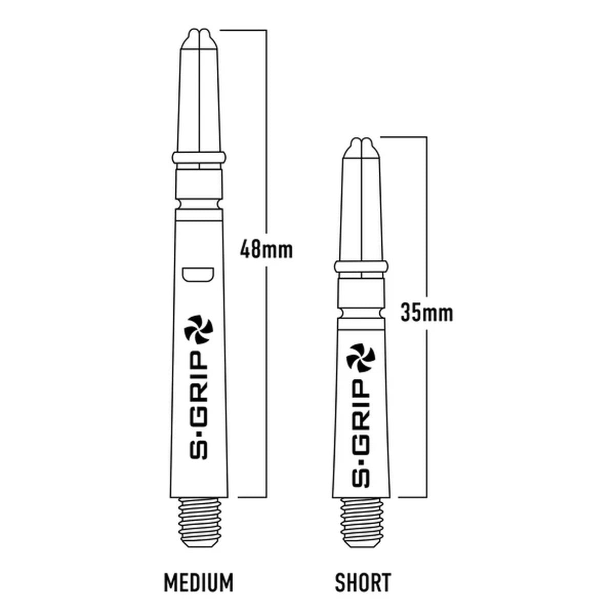 Illustration of supergrip spin shafts with measurements for medium, midi, and short sizes. Labelled MEDIUM and SHORT with measured lengths 48mm and 35mm