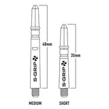 Illustration of supergrip spin shafts with measurements for medium, midi, and short sizes. Labelled MEDIUM and SHORT with measured lengths 48mm and 35mm