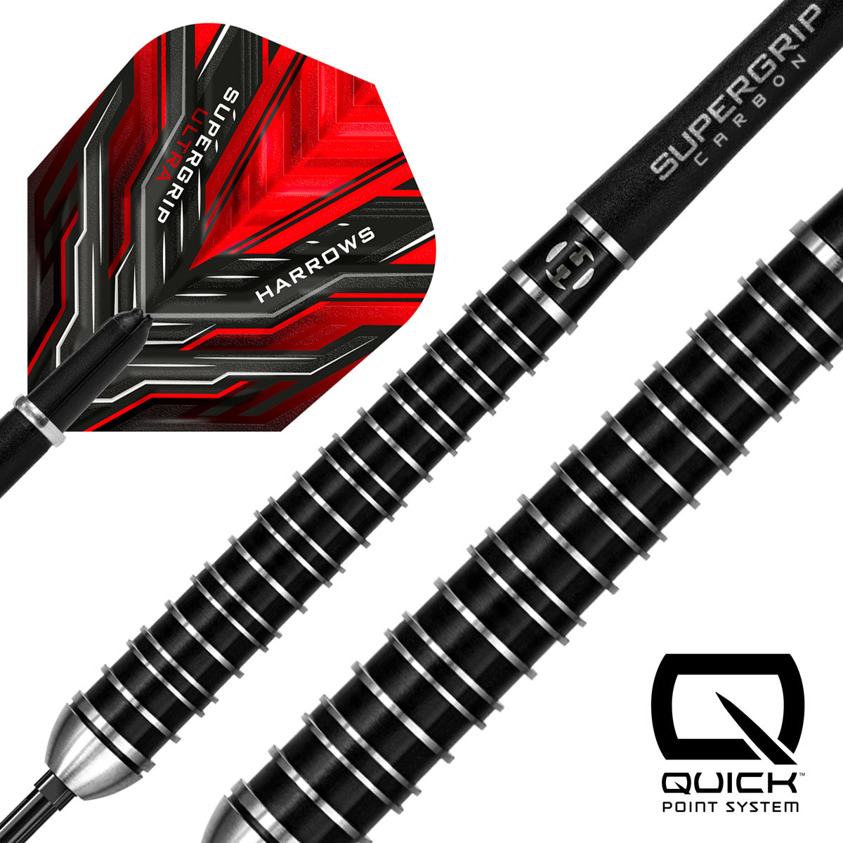 Close up image of the Harrows Supergrip Ultra Quick Point 90% Tungsten Steel Tip Darts barrels highlighting the grip, machining and Quick Point system