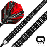 Close up image of the Harrows Supergrip Ultra Quick Point 90% Tungsten Steel Tip Darts barrels highlighting the grip, machining and Quick Point system