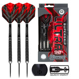 Image of the Harrows Supergrip Ultra Quick Point 90% Tungsten Steel Tip Darts displayed for retail sale with product packaging