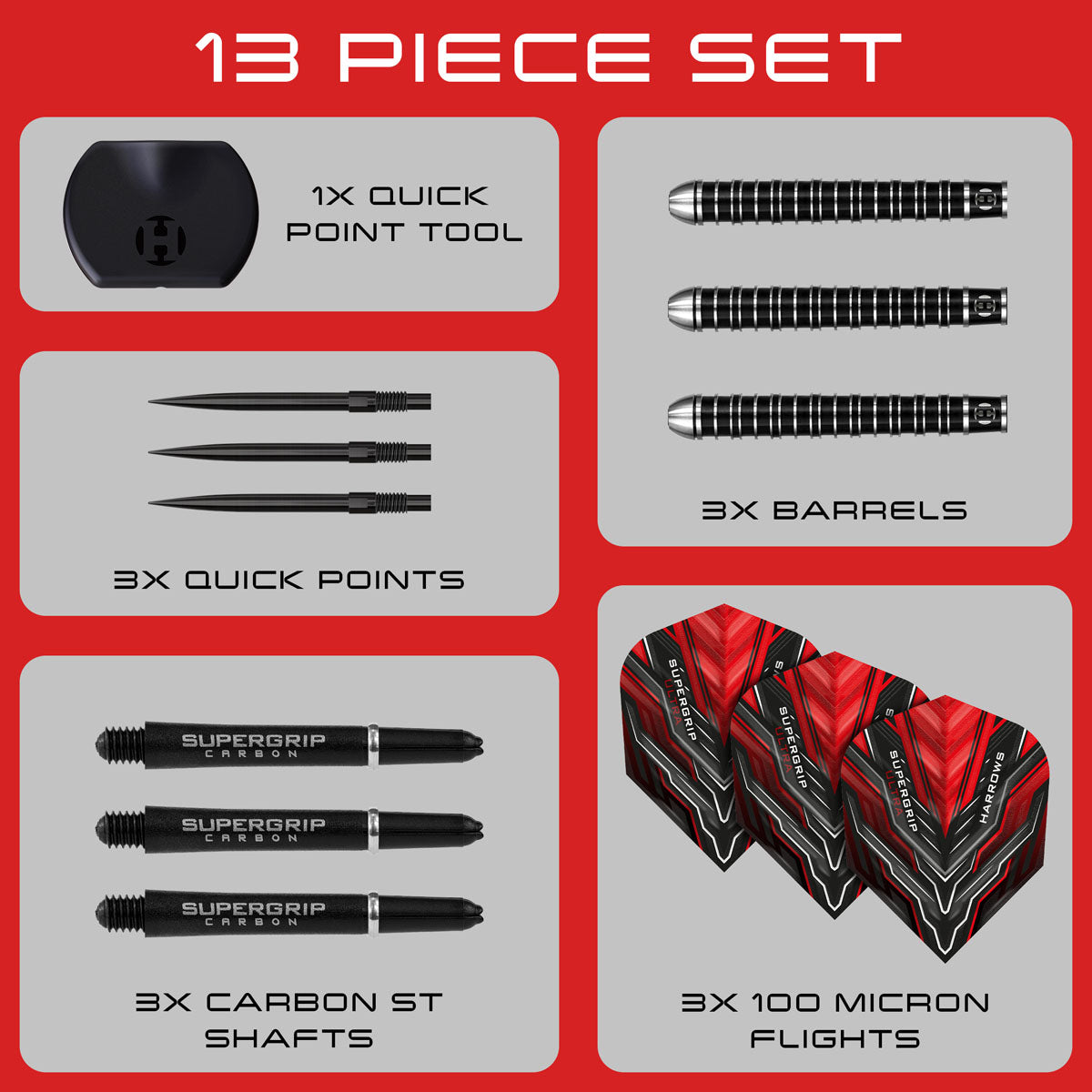 Image showing the contents included with the Harrows Supergrip Ultra Quick Point 90% Tungsten Steel Tip Darts