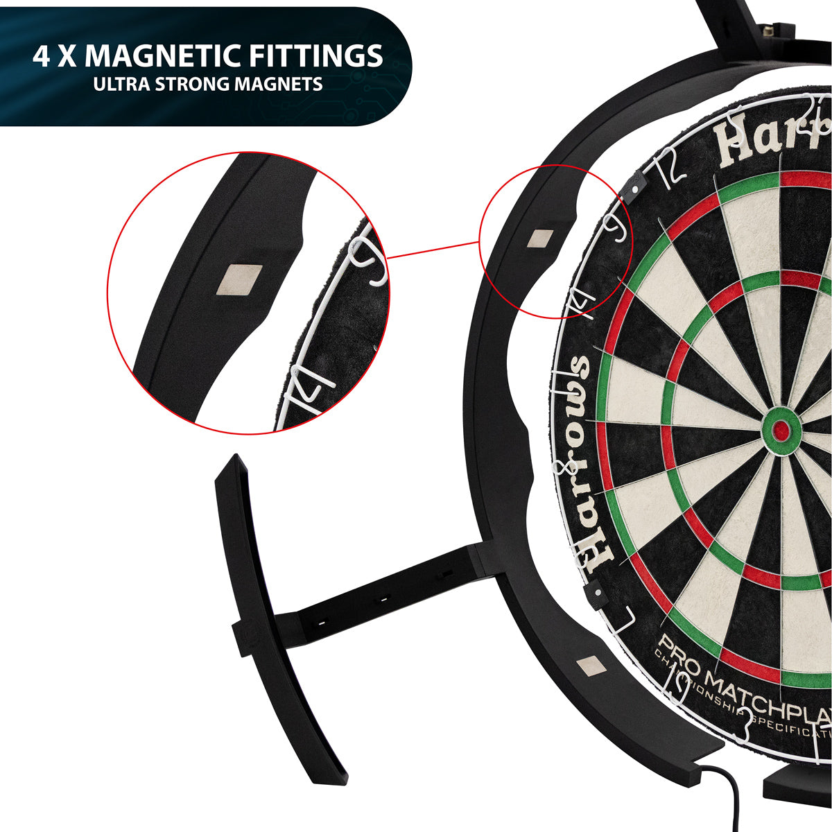 Harrows Trilight Ultra Bright LED Dartboard Lighting System image showing how the lighting system magnetically attaches to and surrounds the dartboard