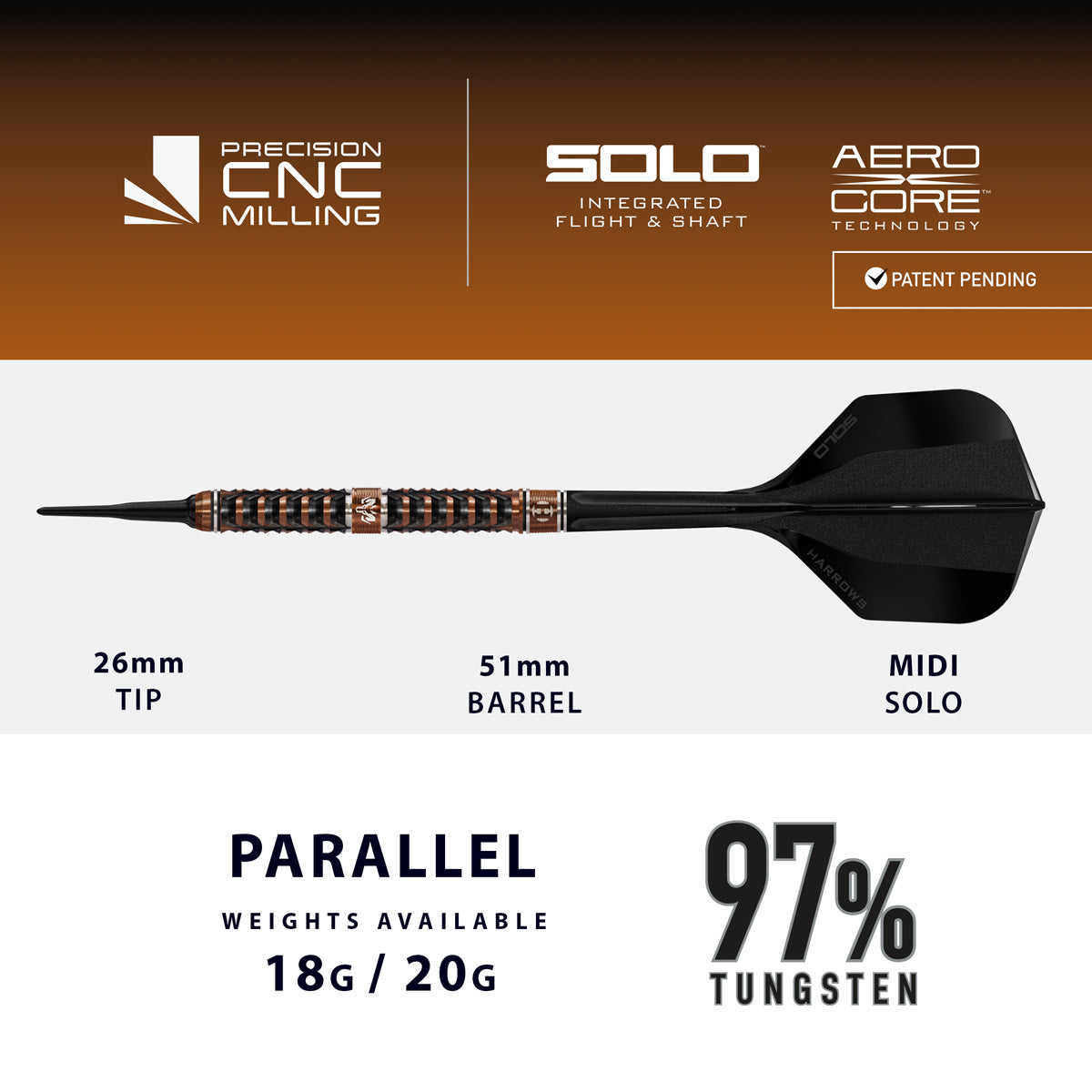 Harrows Wolfram Trinity Soft Tip Darts specifications image showing barrel dimensions, weight, and technical details