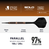 Harrows Wolfram Trinity Soft Tip Darts specifications image showing barrel dimensions, weight, and technical details