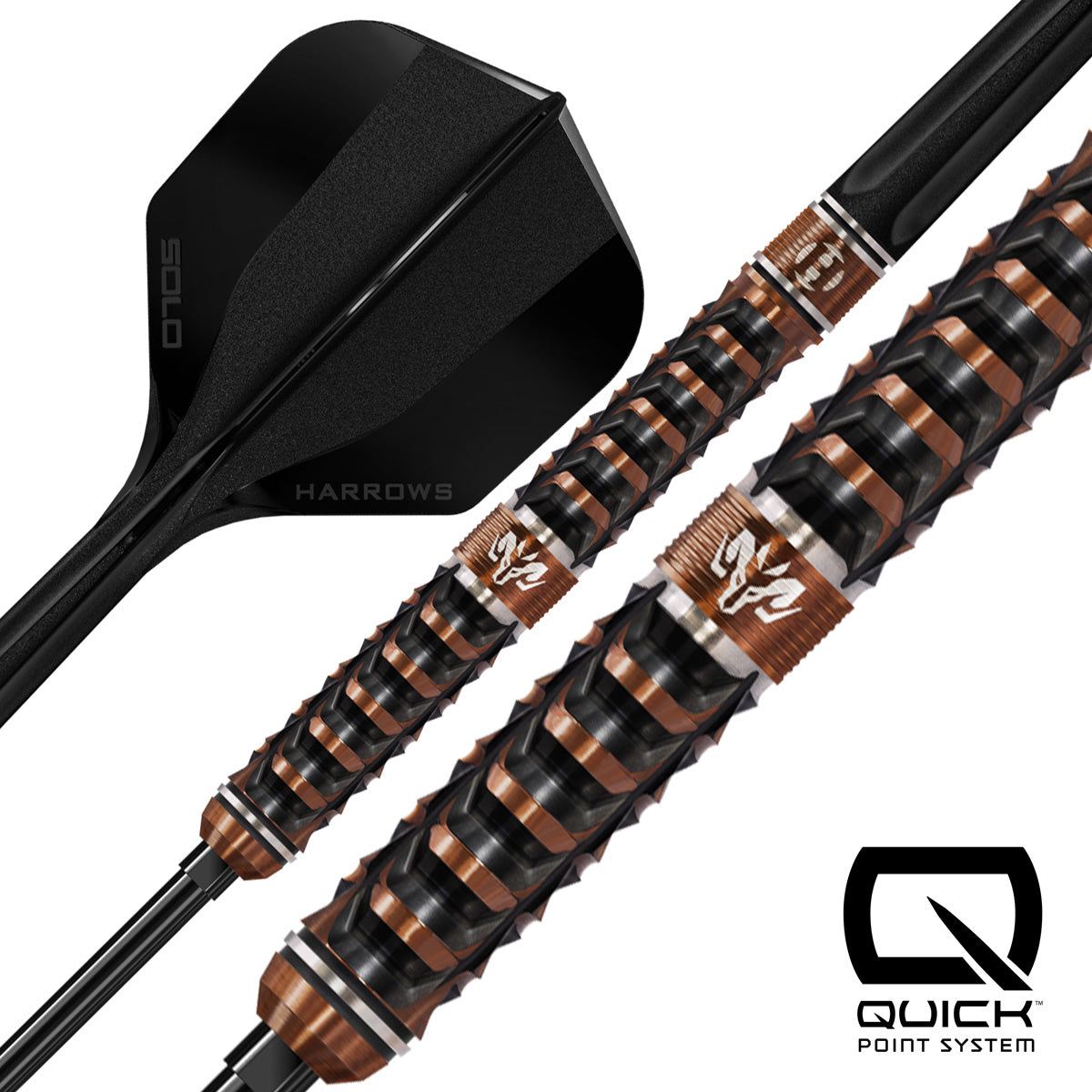 Harrows Wolfram Trinity QP Steel Tip Darts close up image showcasing the barrel grip, machining, and design details