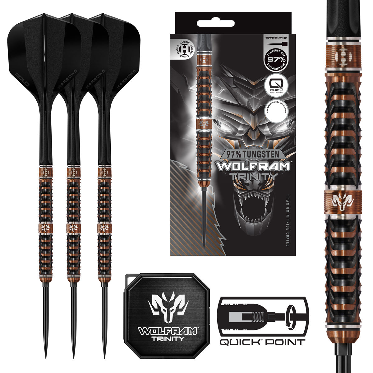 Harrows Wolfram Trinity QP Steel Tip Darts main product image showing the darts, packaging, flights, shafts, and included accessories