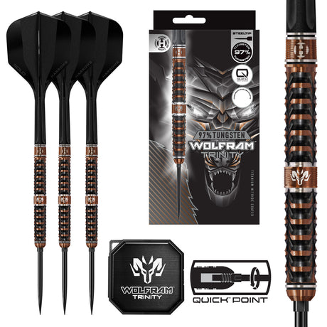 Harrows Wolfram Trinity QP Steel Tip Darts main product image showing the darts, packaging, flights, shafts, and included accessories