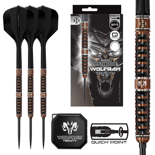 Harrows Wolfram Trinity QP Steel Tip Darts main product image showing the darts, packaging, flights, shafts, and included accessories
