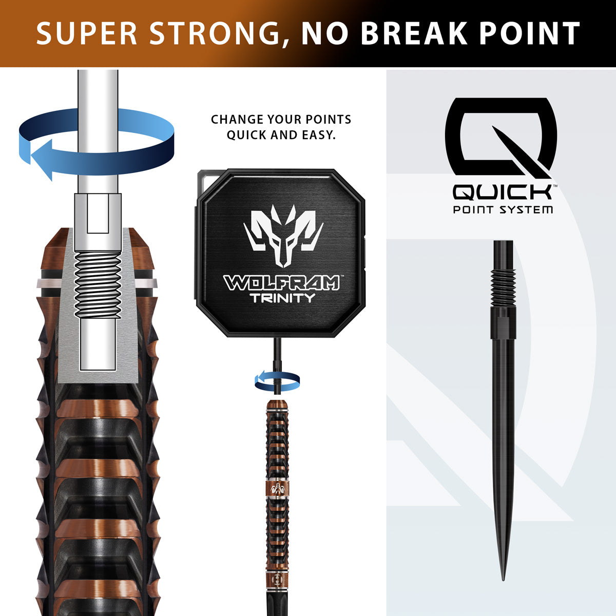 Harrows Wolfram Trinity QP Steel Tip Darts Quick Point system image highlighting the interchangeable point technology