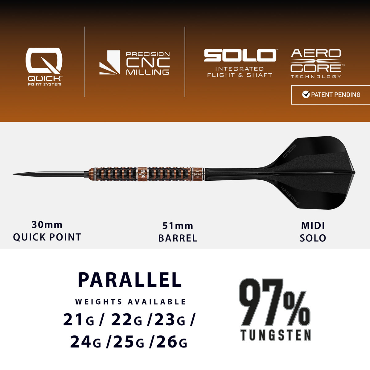 Harrows Wolfram Trinity QP Steel Tip Darts specifications image showing barrel dimensions, weight, and technical details
