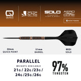 Harrows Wolfram Trinity QP Steel Tip Darts specifications image showing barrel dimensions, weight, and technical details