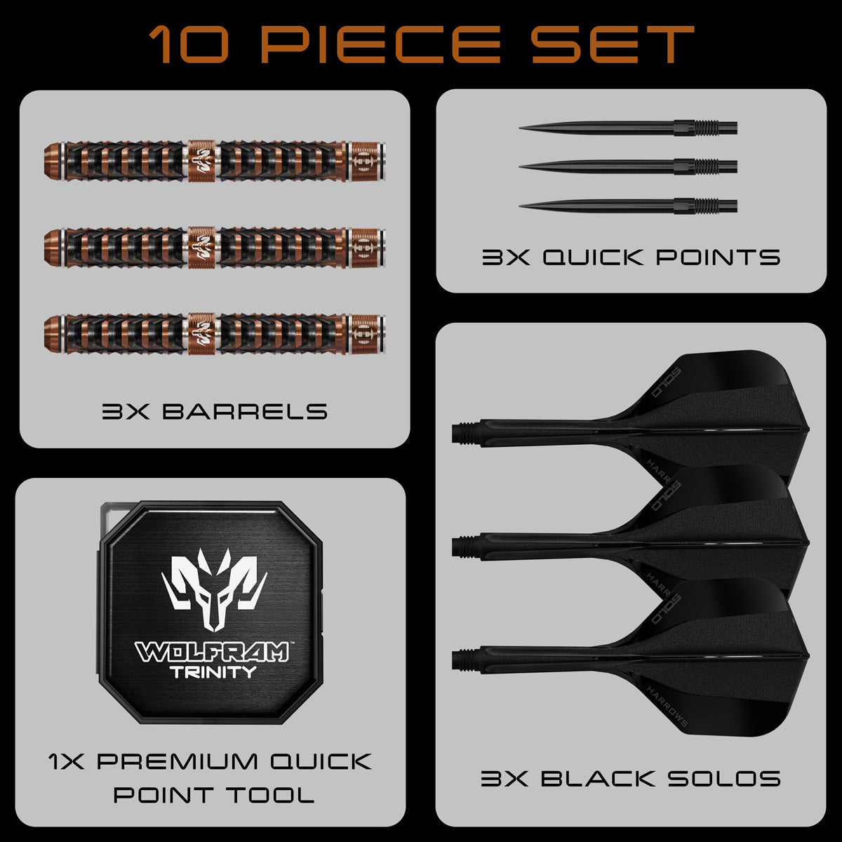 Harrows Wolfram Trinity QP Steel Tip Darts image displaying everything included inside the box