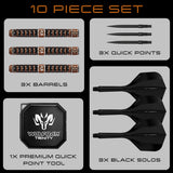 Harrows Wolfram Trinity QP Steel Tip Darts image displaying everything included inside the box
