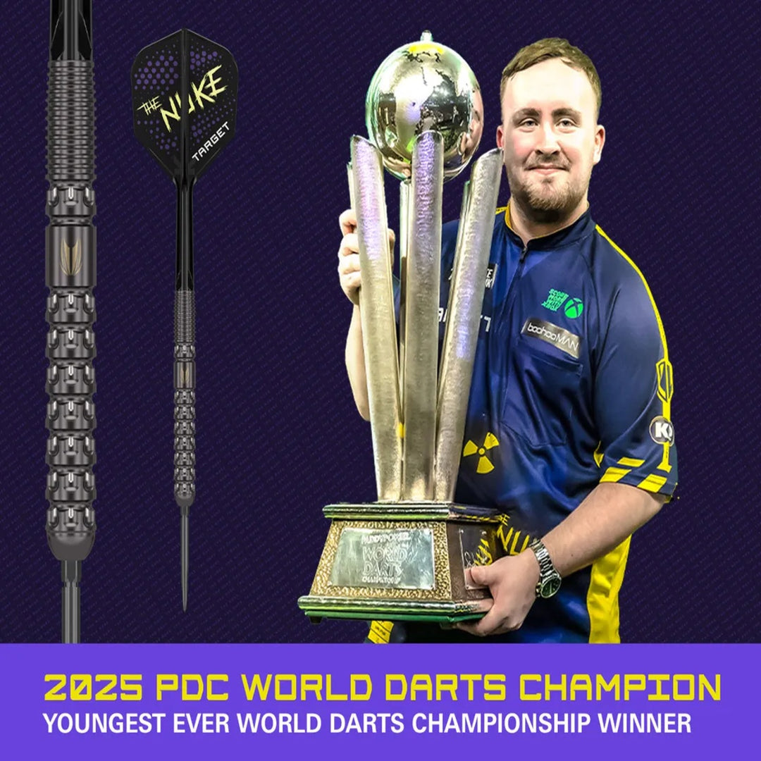 Luke Littler with 2025 World Championship trophy – promotional image for The Nuke darts