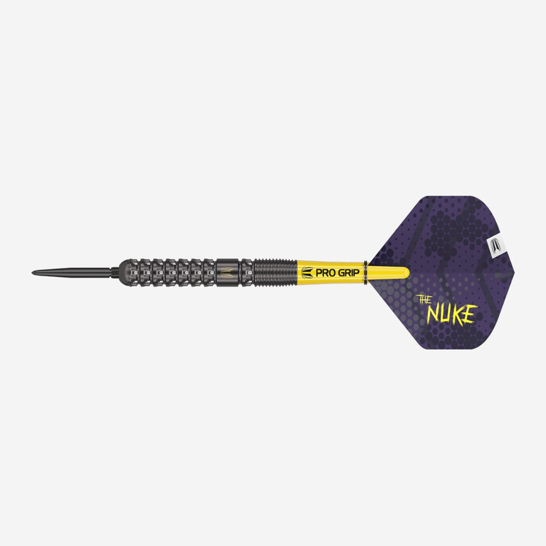 Side view of Luke Littler The Nuke dart with yellow Pro Grip shaft and purple flight