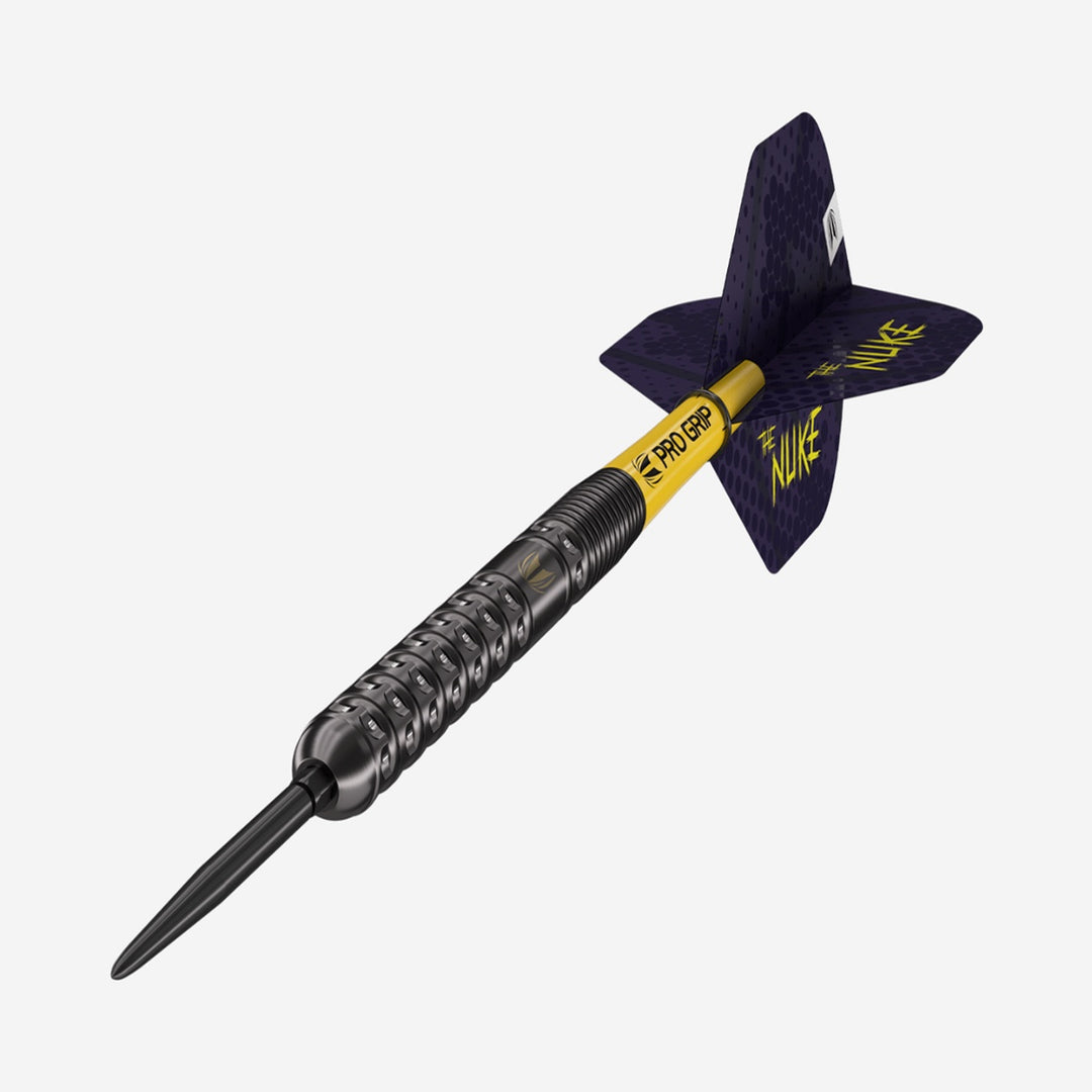 Dynamic angle of Luke Littler The Nuke dart showing detailed barrel grip and branding