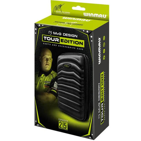 Winmau MvG Tour Edition darts case with a hard black shell and MvG Design logo.