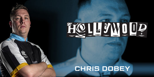 Chris Dobey with arms crossed in front of a blurred background zoomed in on his face with his 'Hollywood' logo and 'Chris Dobey' text overlayed