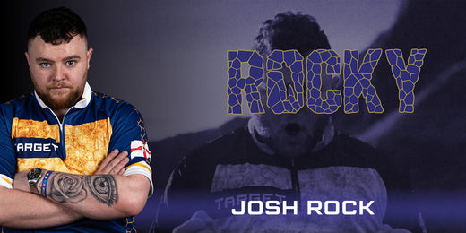 Josh Rock with arms crossed in front of a dark, blue tinted background featuring him celebrating, overlayed with his 'Rocky' logo and 'Josh Rock' text