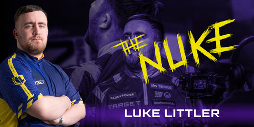 Luke Littler with his arms crossed on a dark, purple tinted background, featuring angles of him celebrating with 'The Nuke' logo and 'Luke Littler' text overlayed.