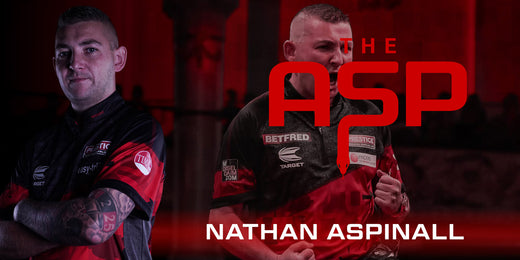 Nathan Aspinall with his arms crossed and a dark, red tinted background view of him celebrating, overlayed with 'The ASP' logo and 'Nathan Aspinall' text