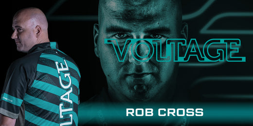 Rob Cross wearing his 'VOLTAGE' shirt with a close-up of his face, featuring the brand name.