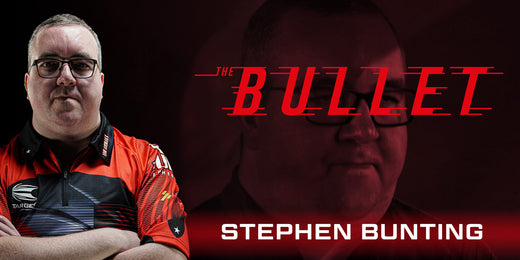 Stephen Bunting with arms crossed in front of a dark, zoomed background view of his face, overlayed with 'The Bullet' logo and 'Stephen Bunting' text