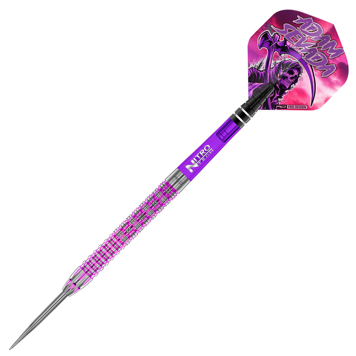 Adam Sevada Steel Tip Darts close up image highlighting the barrel grip texture, coating, machining, and design details