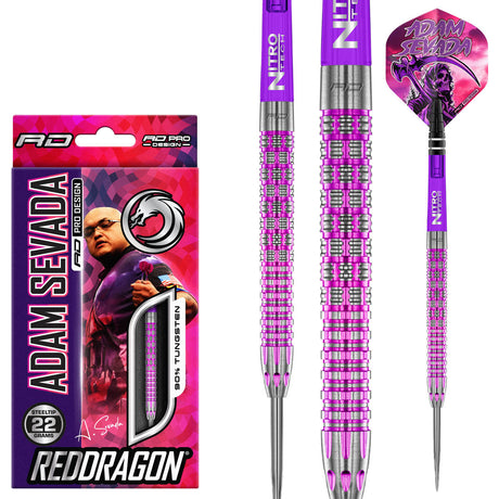 Adam Sevada Steel Tip Darts main product image showing the darts, packaging, flights, shafts, and included accessories