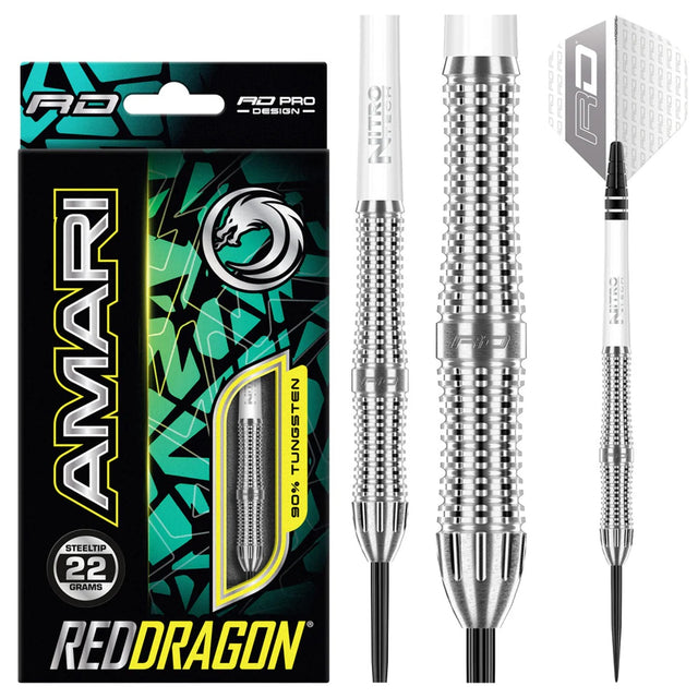 Amari Steel Tip Darts product image showing the complete dart set, packaging and accessories