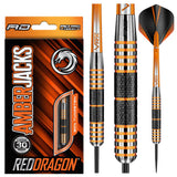 Amberjack 11 Steel Tip Darts product image showing the complete dart set, packaging and accessories