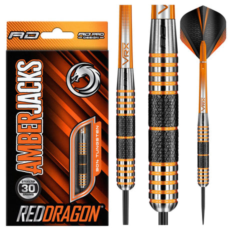 Amberjack 11 Steel Tip Darts product image showing the complete dart set, packaging and accessories