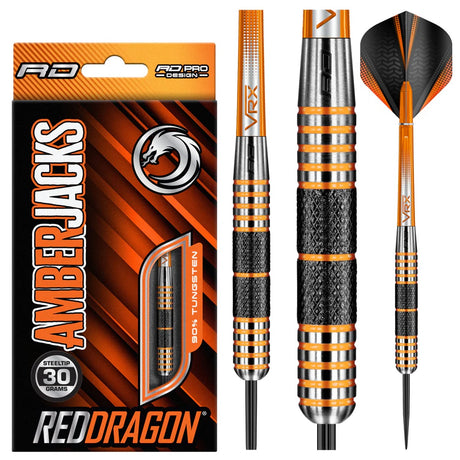 Amberjack 11 Steel Tip Darts product image showing the complete dart set, packaging and accessories