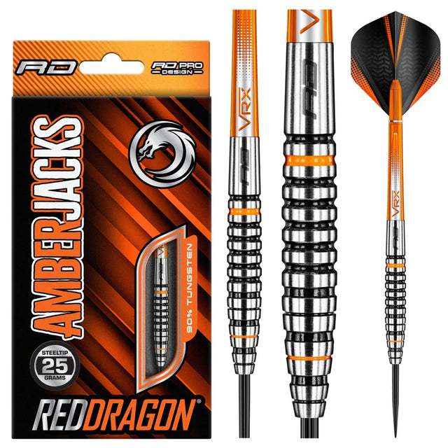 Amberjack 14 Steel Tip Darts product image showing the complete dart set, packaging and accessories