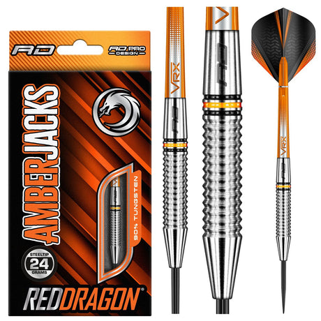 Amberjack 17 Steel Tip Darts product image showing the complete dart set, packaging and accessories