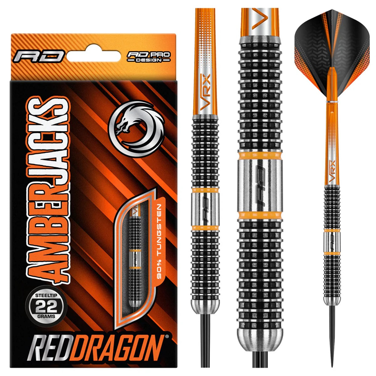 Amberjack 18 Steel Tip Darts product image showing the complete dart set, packaging and accessories