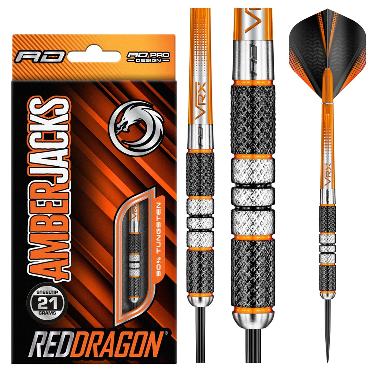 Amberjack 2 Steel Tip Darts product image showing the complete dart set, packaging and accessories
