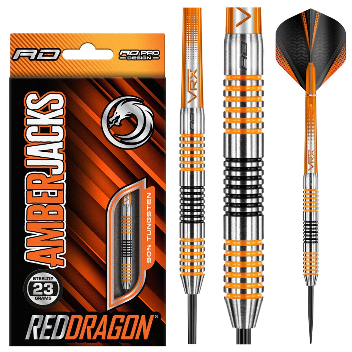 Amberjack 4 Steel Tip Darts product image showing the complete dart set, packaging and accessories