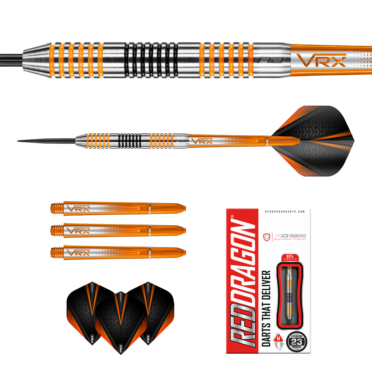 Contents of the Amberjack 4 darts box including flights, shafts and accessories