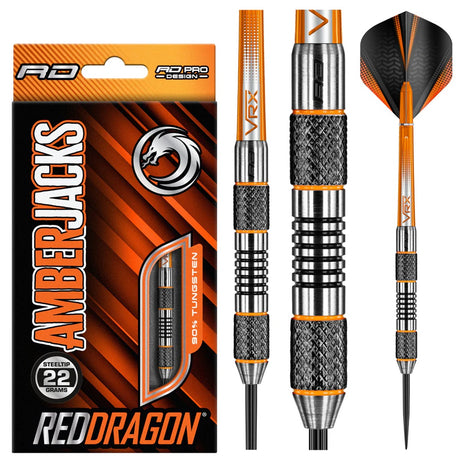 Amberjack 5 Steel Tip Darts product image showing the complete dart set, packaging and accessories