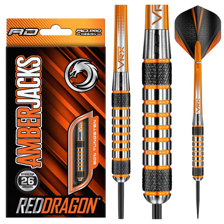 Amberjack 7 Steel Tip Darts product image showing the complete dart set, packaging and accessories